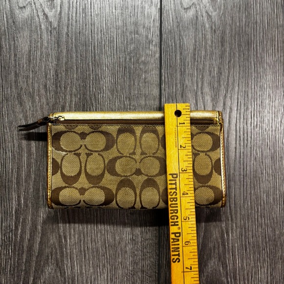 Coach Signature C Metallic Gold Leather Buckle Slim Tri-Fold Long Wallet - Picture 4 of 7